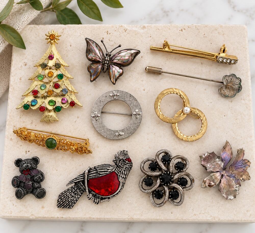 Vintage Brooch Pin Lot Christmas Tree Bird Butterfly Floral Rhinestone Jewelry